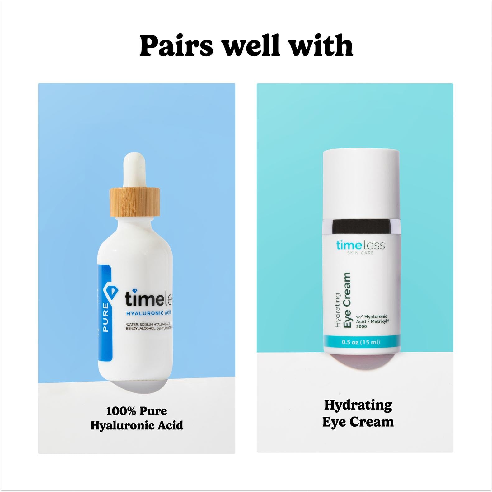 Timeless Skin Care Matrixyl 3000 Serum bottle label highlights hyaluronic acid benefits