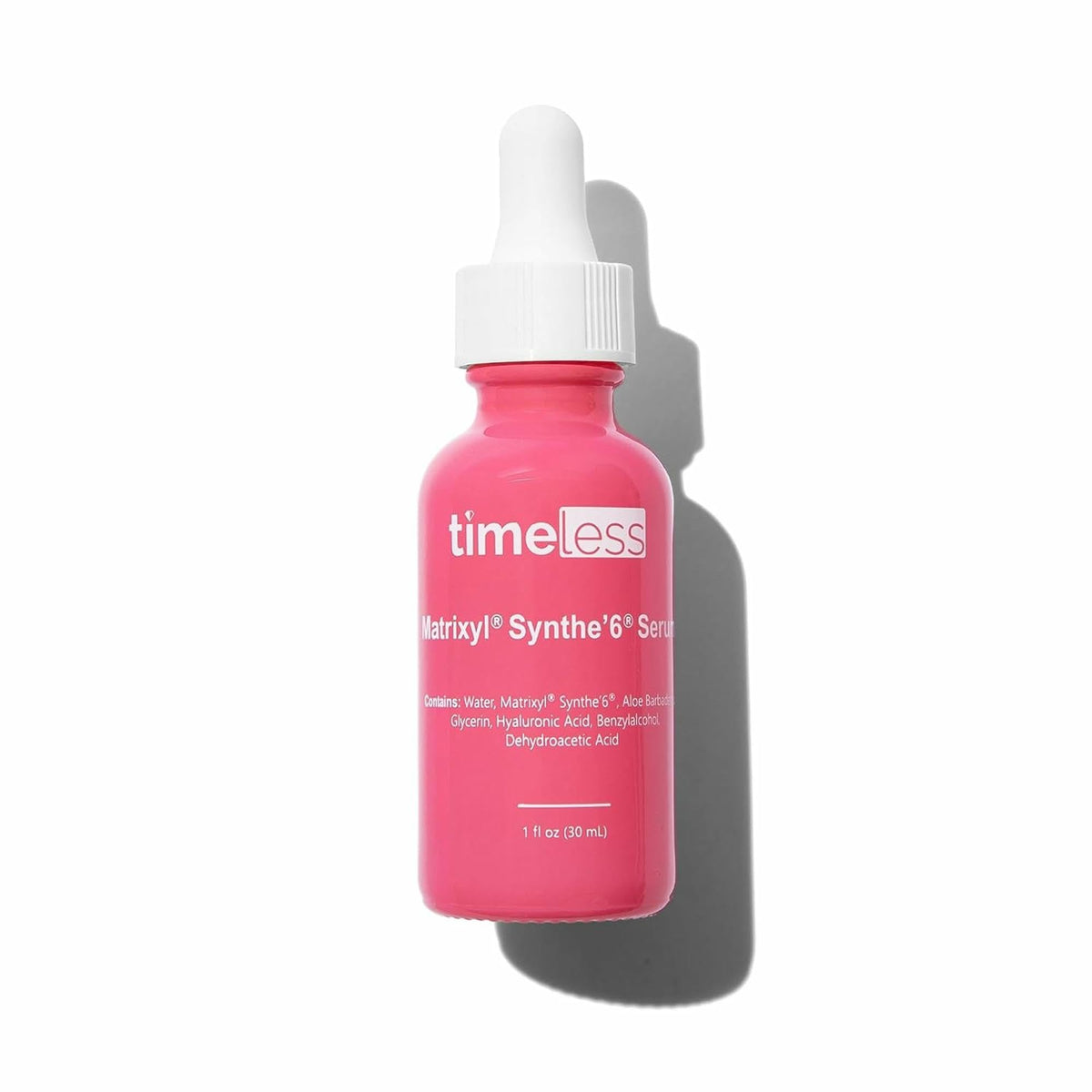 Timeless Skin Care Matrixyl Synthe’6 Serum bottle front highlights peptide-powered hydration