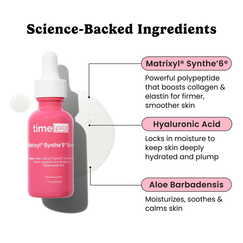 Timeless Skin Care Matrixyl Synthe’6 Serum label closeup shows concentrated 2% peptide