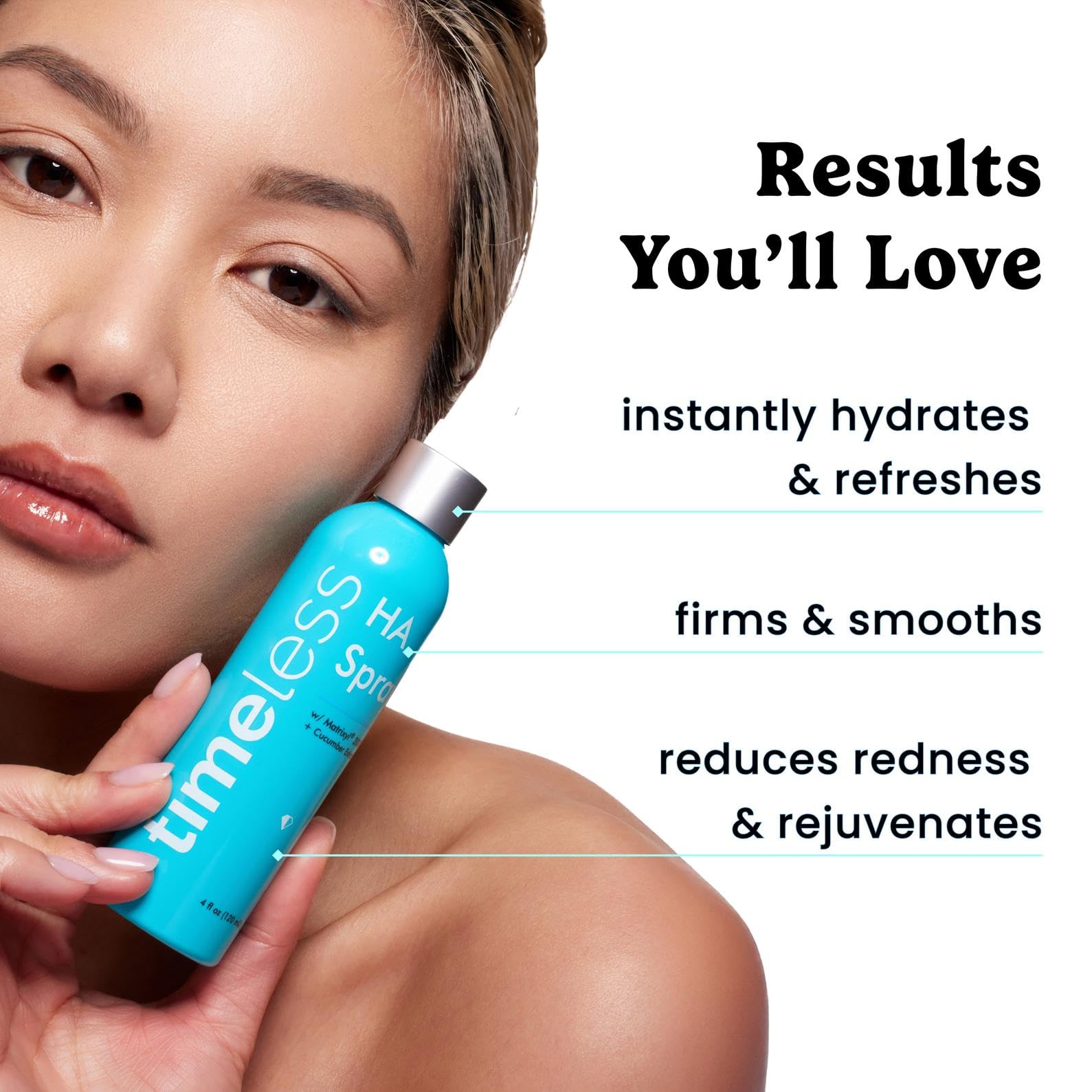 Timeless Skin Care refresh spray application on face shows instant hydration