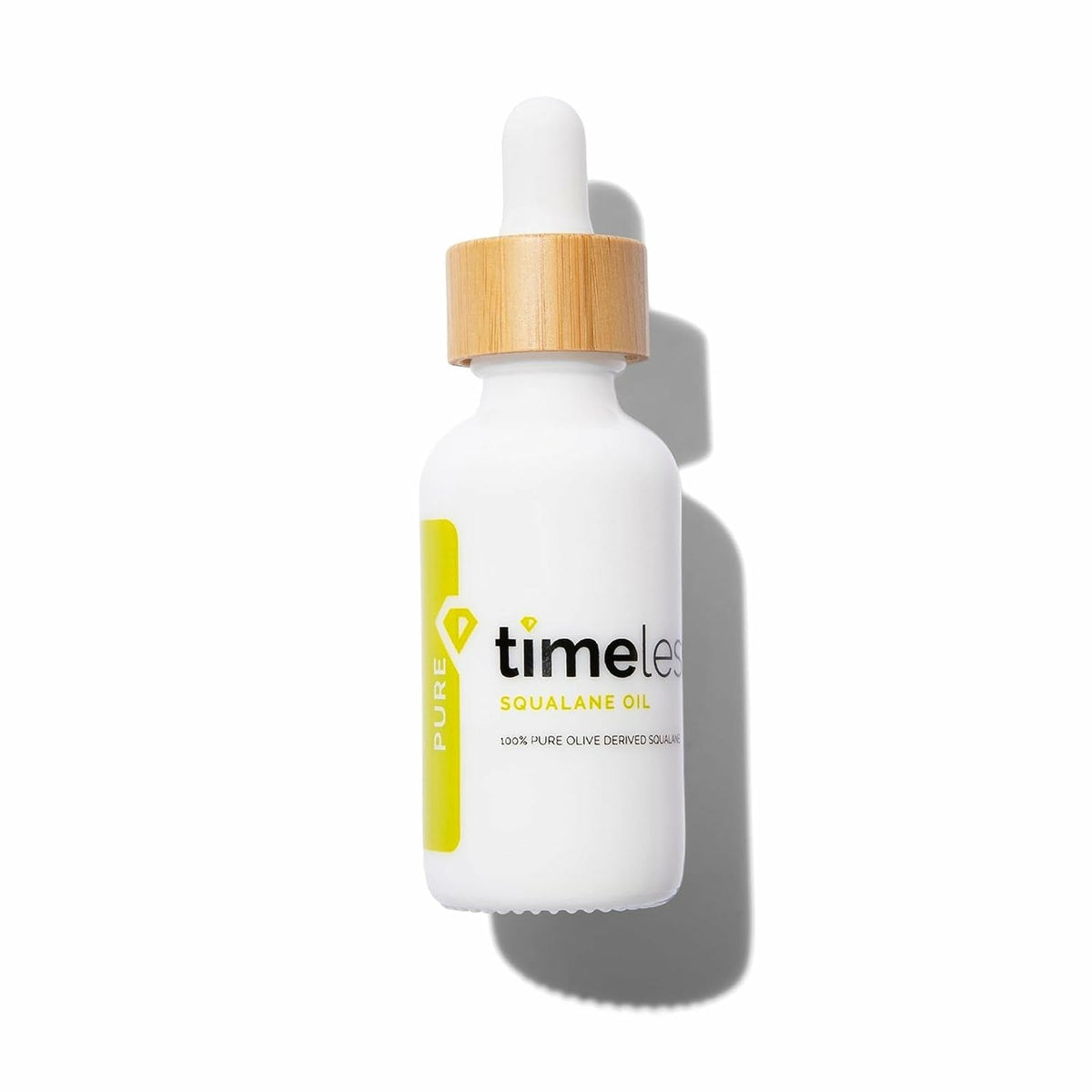 Timeless Skin Care Squalane Oil bottle close-up showing fragrance-free hydration.