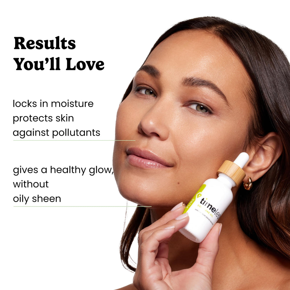 Timeless Skin Care Squalane Oil fragrance-free packaging ideal for sensitive skin.