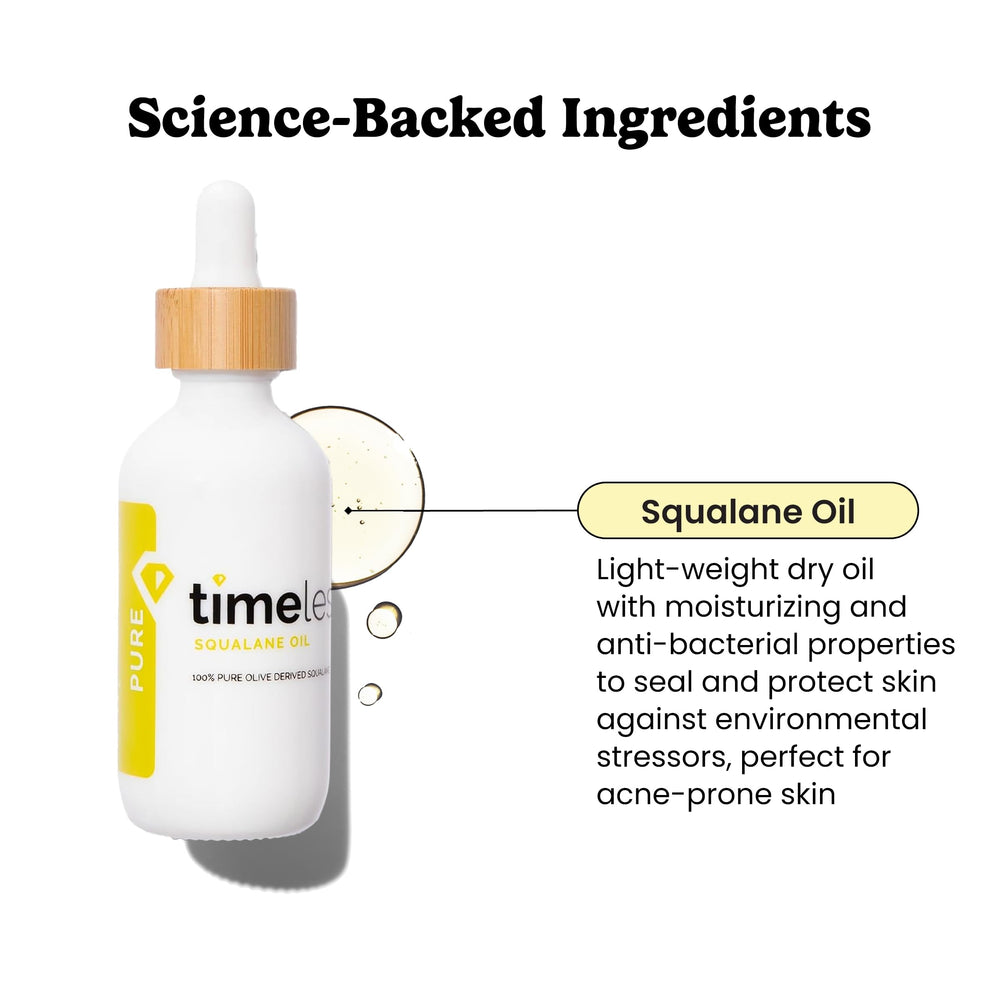 Timeless Skin Care Squalane Oil on face demonstrates lightweight moisture boost.