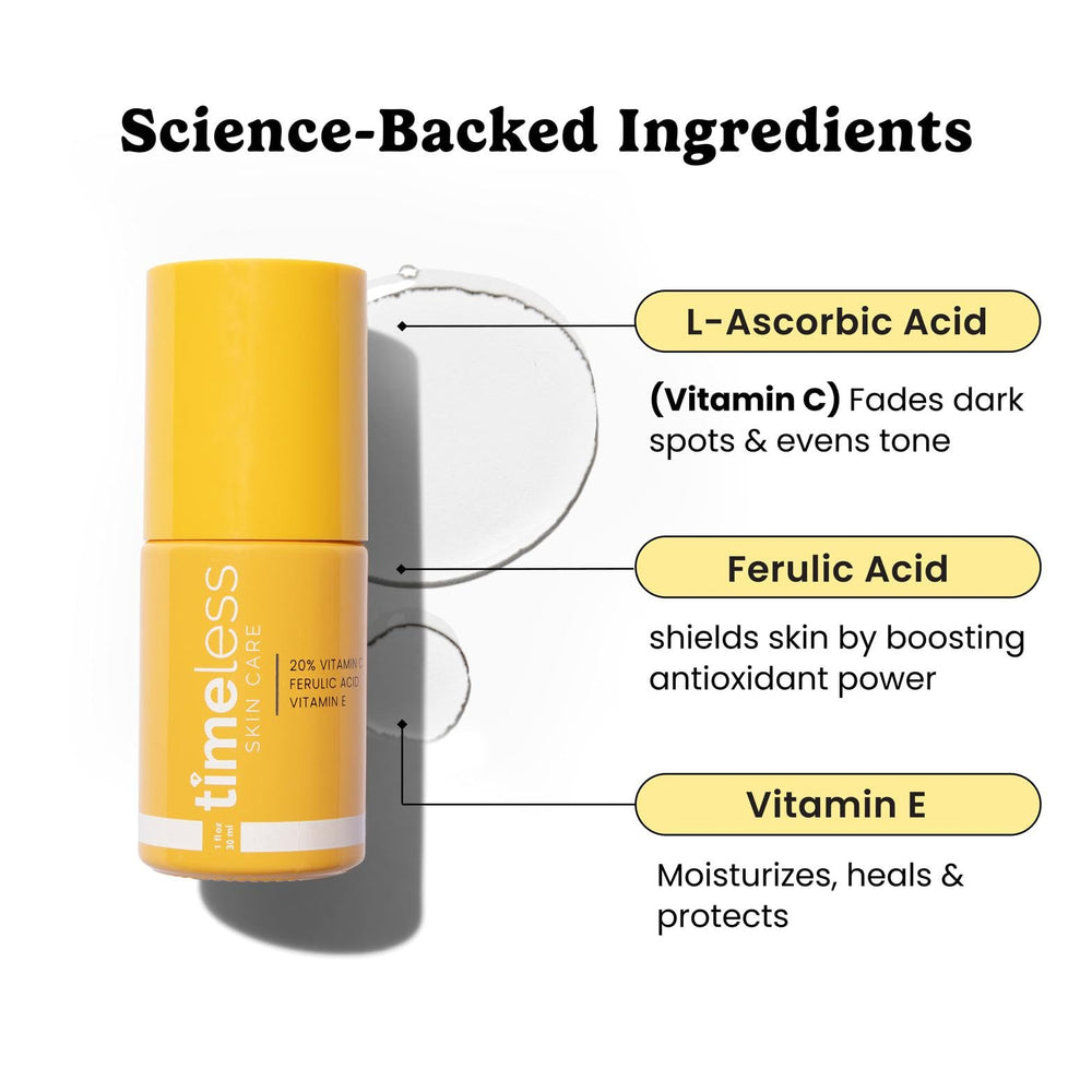 Timeless Skin Care Vitamin C Serum amber bottle with dropper for even tone