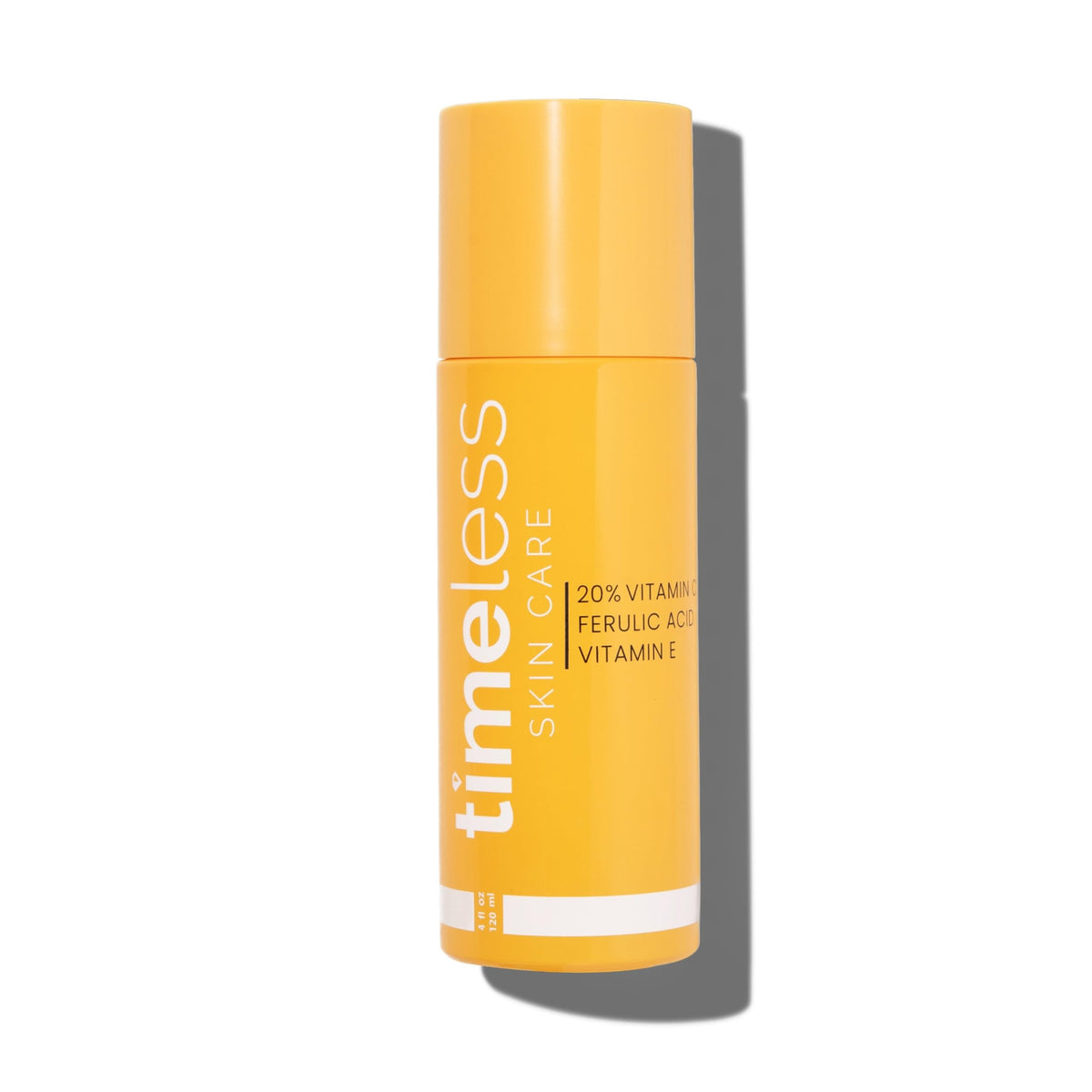 Timeless Skin Care vitamin C serum bottle closeup highlighting fragrance-free formula for sensitive skin.