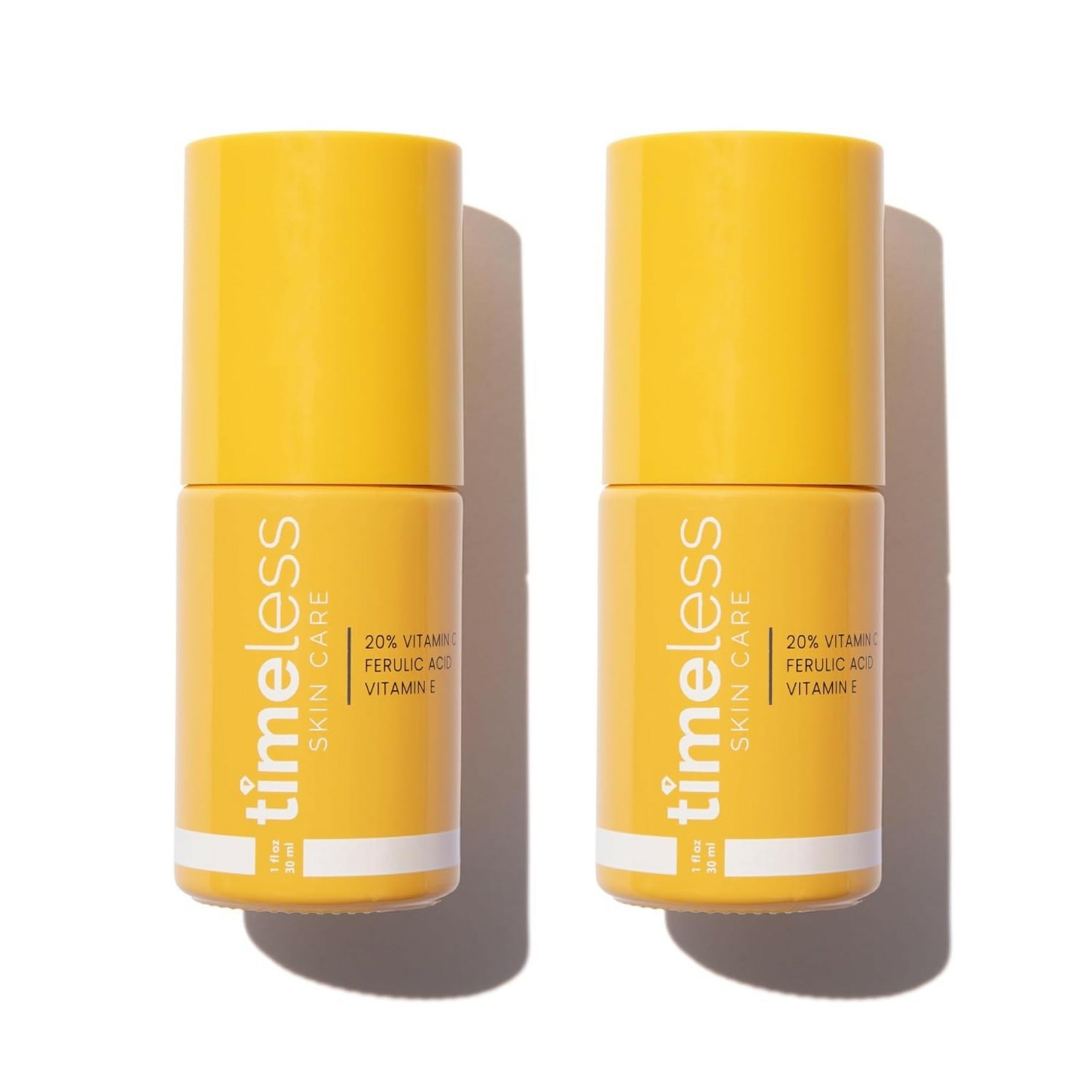 Timeless Skin Care vitamin C serum bottle emphasizing antioxidant formula for even tone.