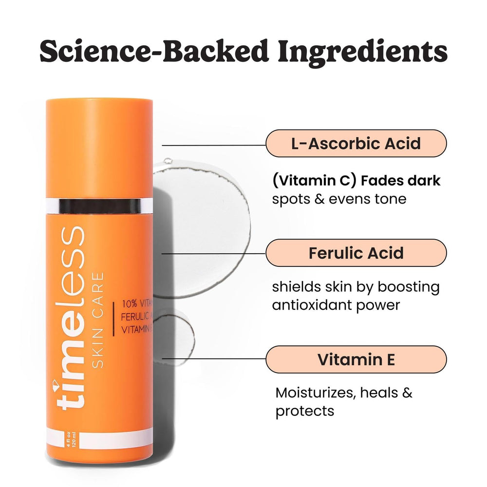 Timeless Skin Care Vitamin C Serum pump application; easy daily layering for even tone.