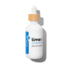 Timeless Skin Care hyaluronic acid serum bottle highlights hydrating formula for daily use