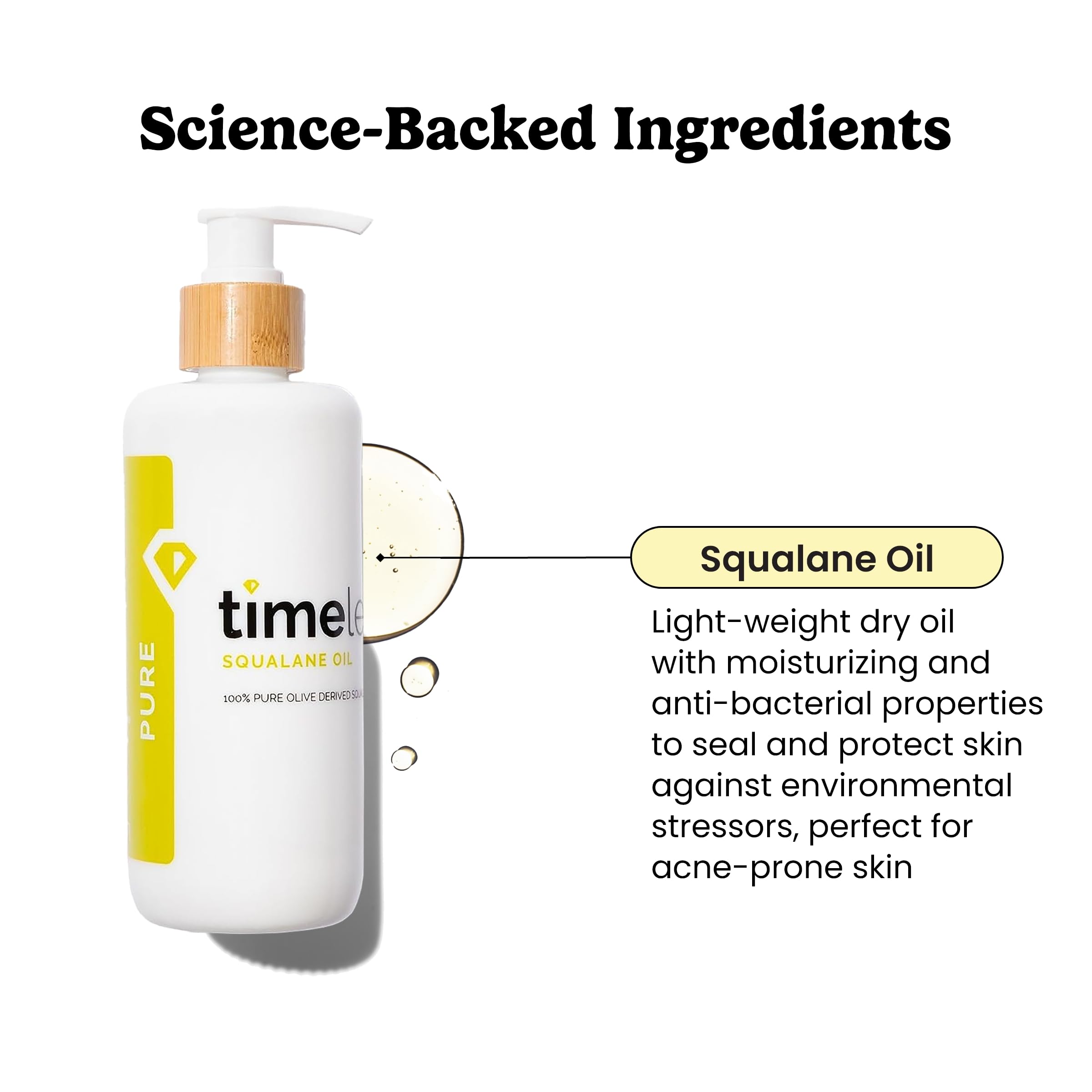 Timeless Squalane Oil on face and neck, quick absorption for smooth, balanced skin.