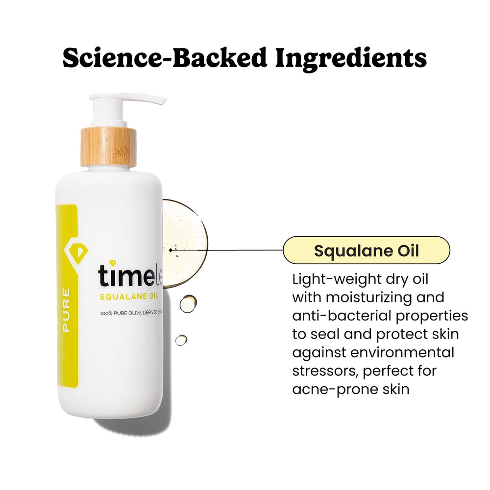 Timeless Squalane Oil on face and neck, quick absorption for smooth, balanced skin.