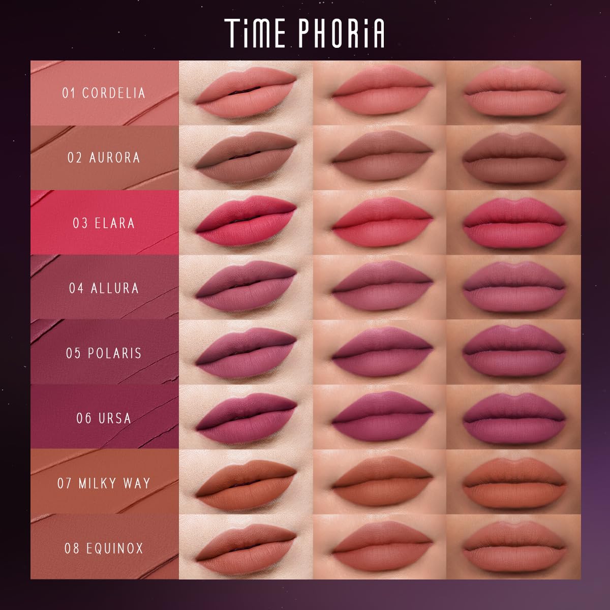 TIMEPHORIA Nebula Velvet Lip Cream being applied for smooth, comfortable wear