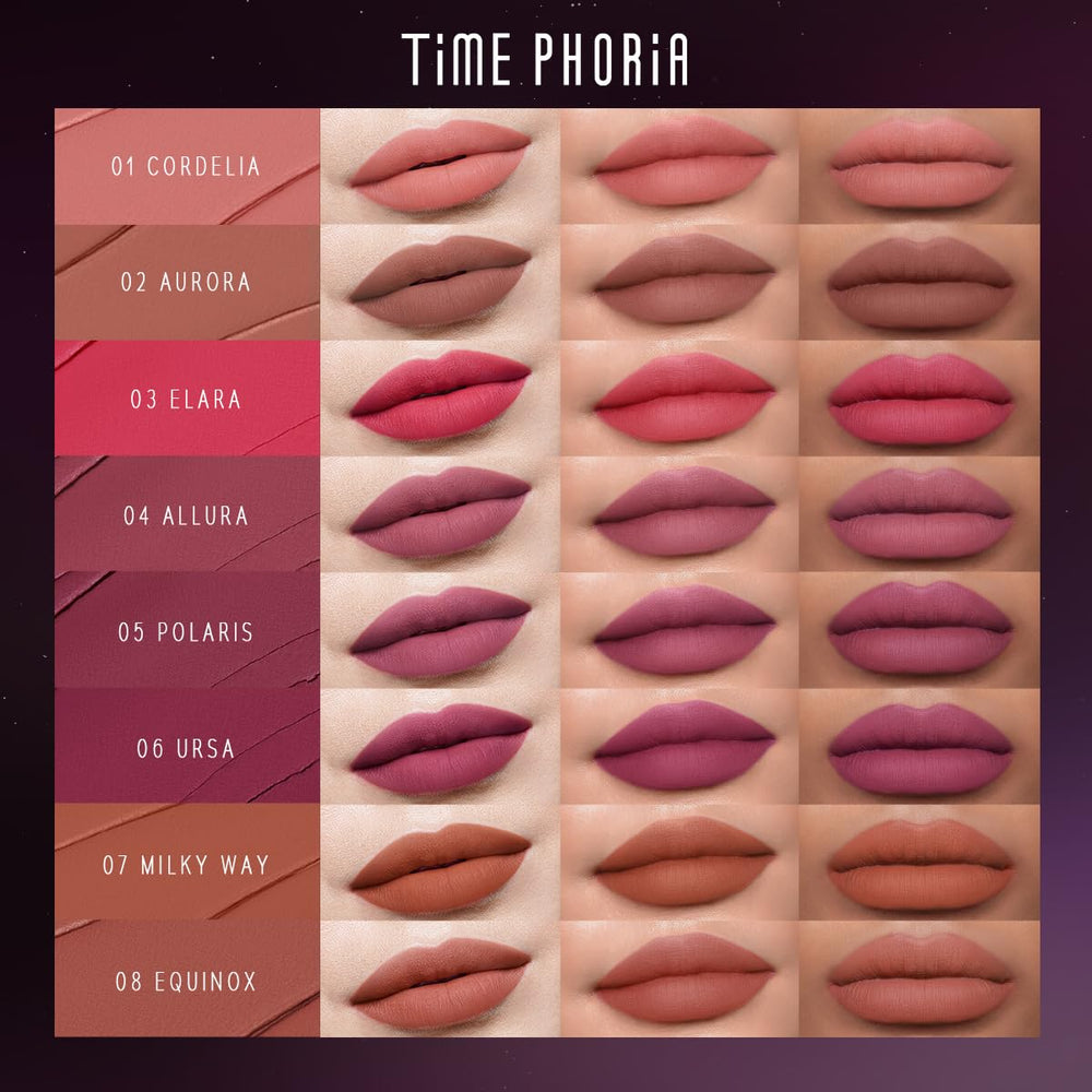 TIMEPHORIA Nebula Velvet Lip Cream being applied for smooth, comfortable wear