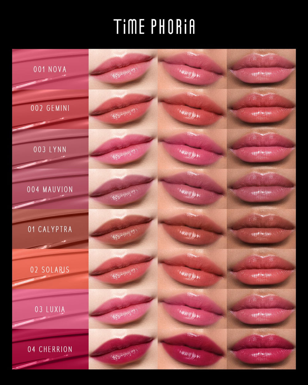TIMEPHORIA Stellar Dust lip stain glossy finish on lips delivers glassy shine.