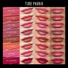 TIMEPHORIA Stellar Dust Lip Stain shows glossy-tinted finish in a single swipe.