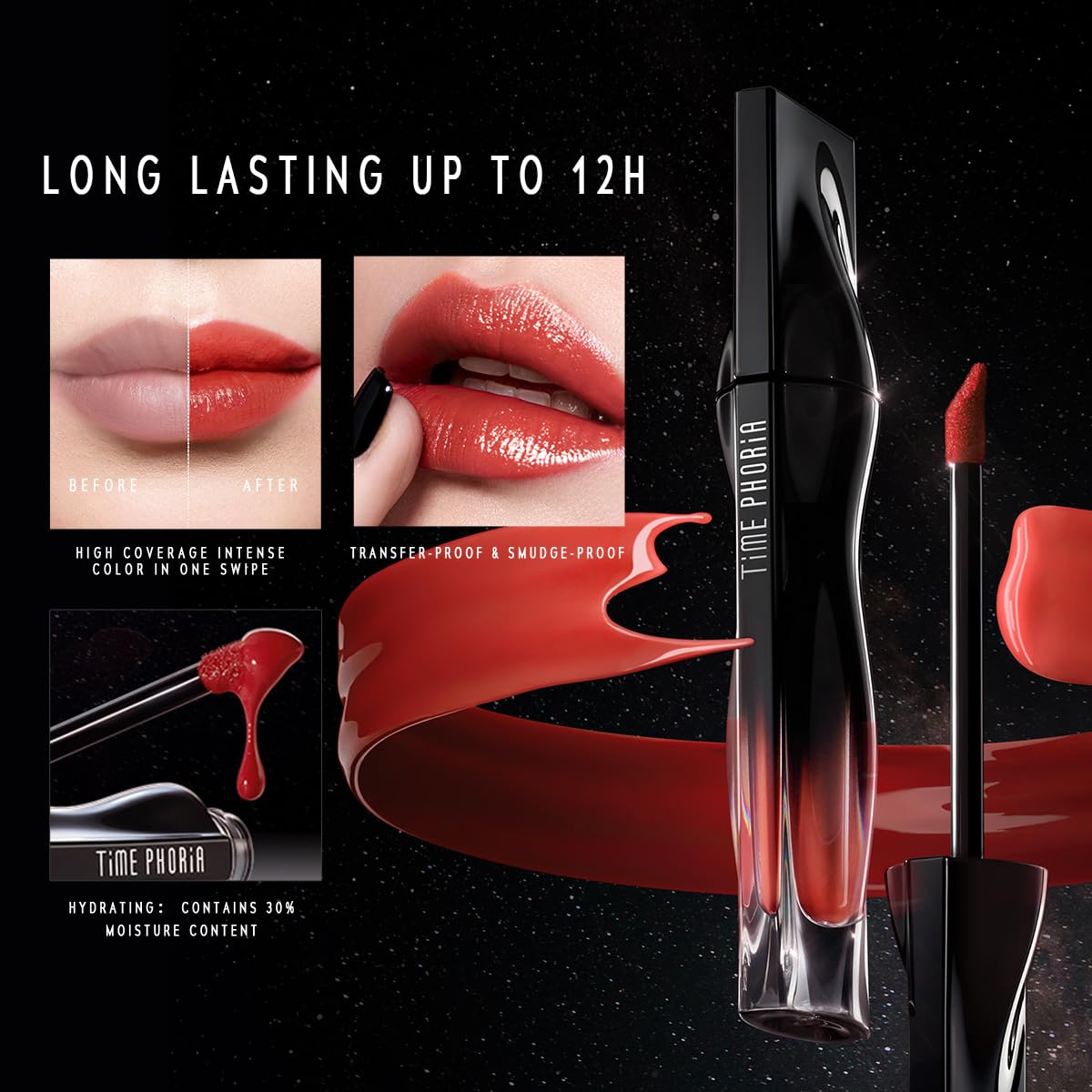 TIMEPHORIA Stellar Dust Lip Stain stays put, resisting transfer and smudging.