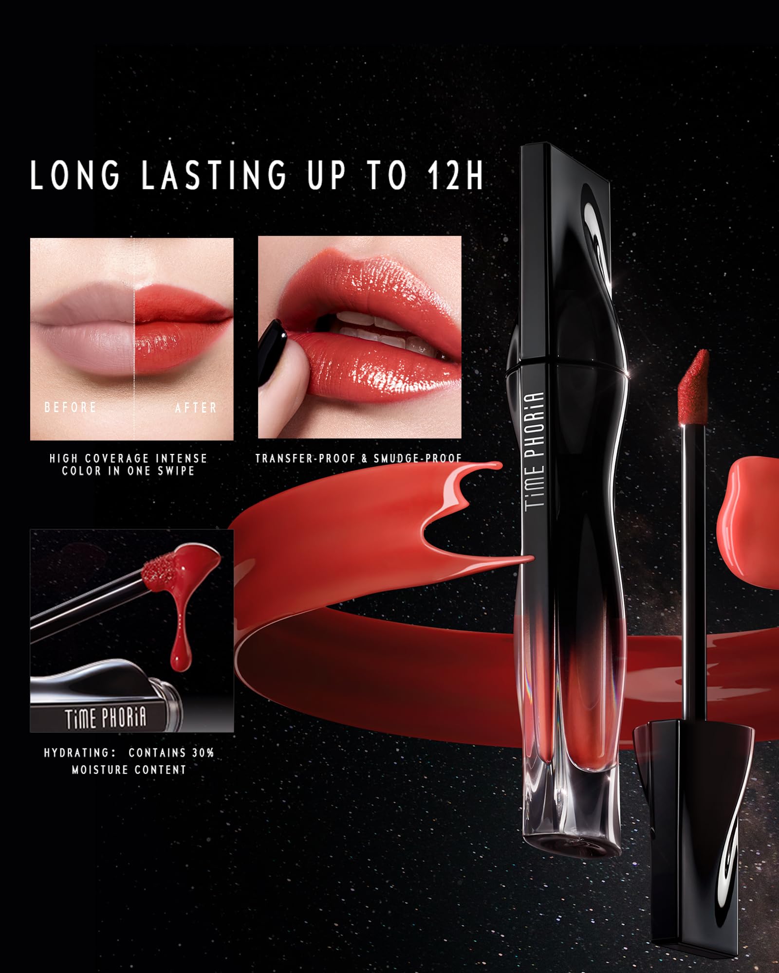TIMEPHORIA Stellar Dust lip stain travel packaging offers convenient touch-ups on the go.