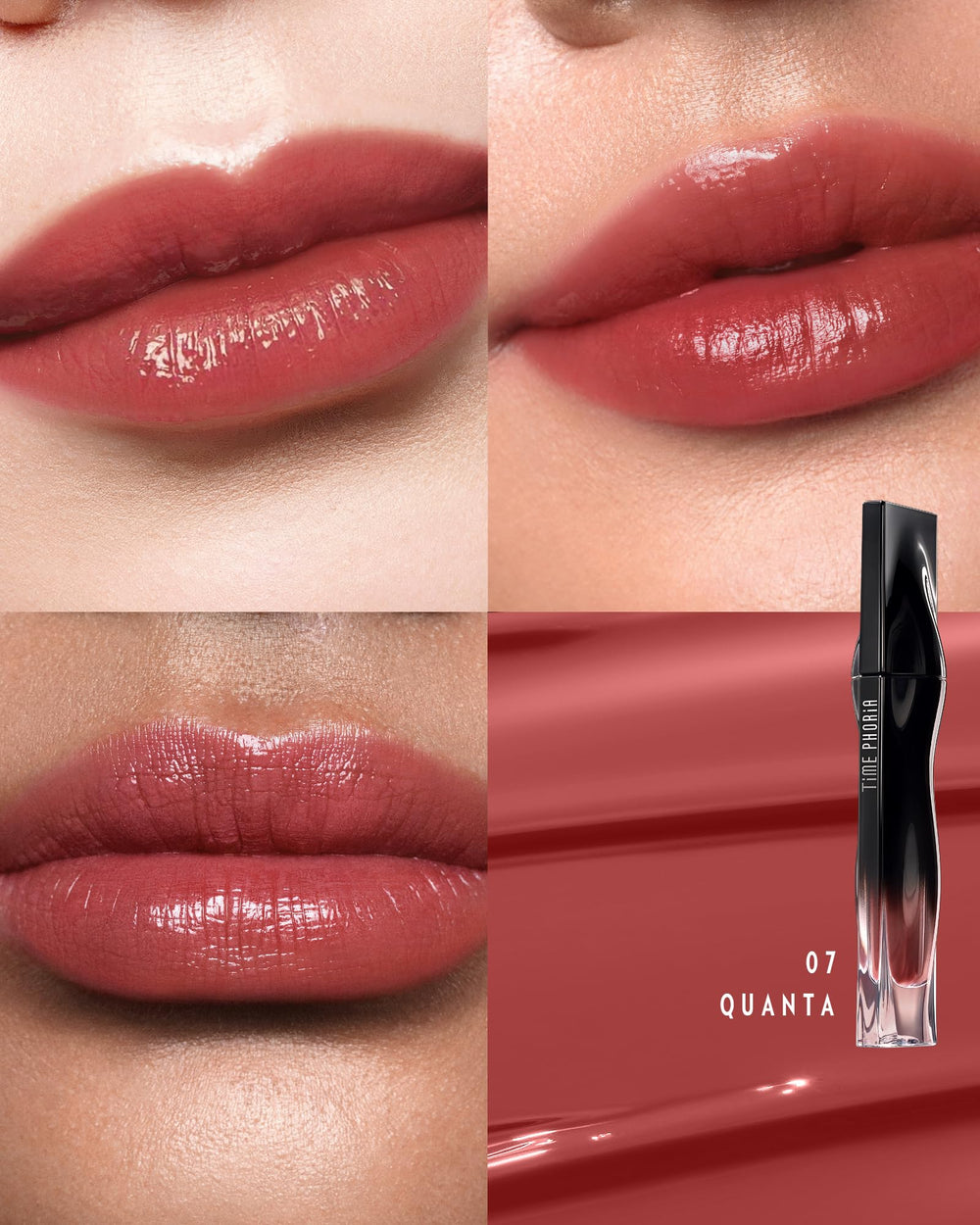 TIMEPHORIA Stellar Dust Lip Stain wear swatch demonstrates transfer-proof glossy finish