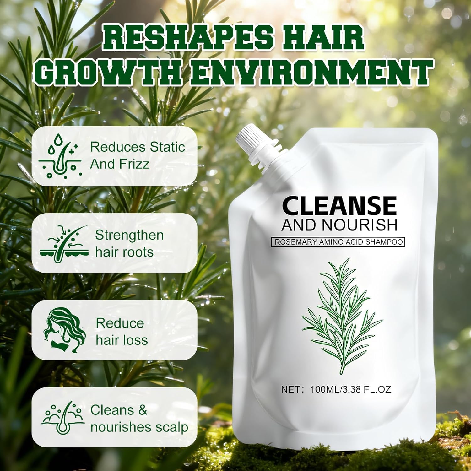 TIMLIFE rosemary amino shampoo label closeup shows natural cleansing power