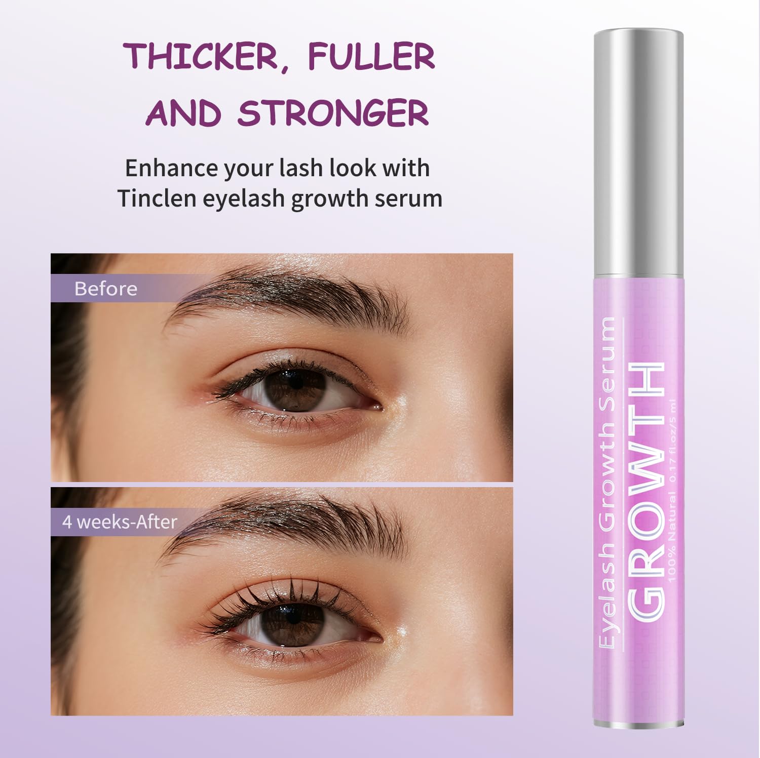 Tinclen eyelash serum application line demonstrates day and night use.