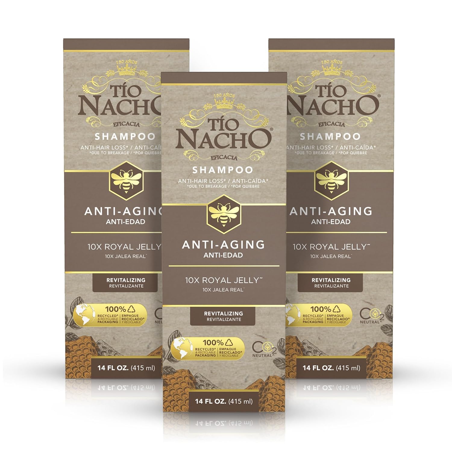 Tio Nacho anti-aging shampoo bottle front shows age-defying formula for fragile hair.