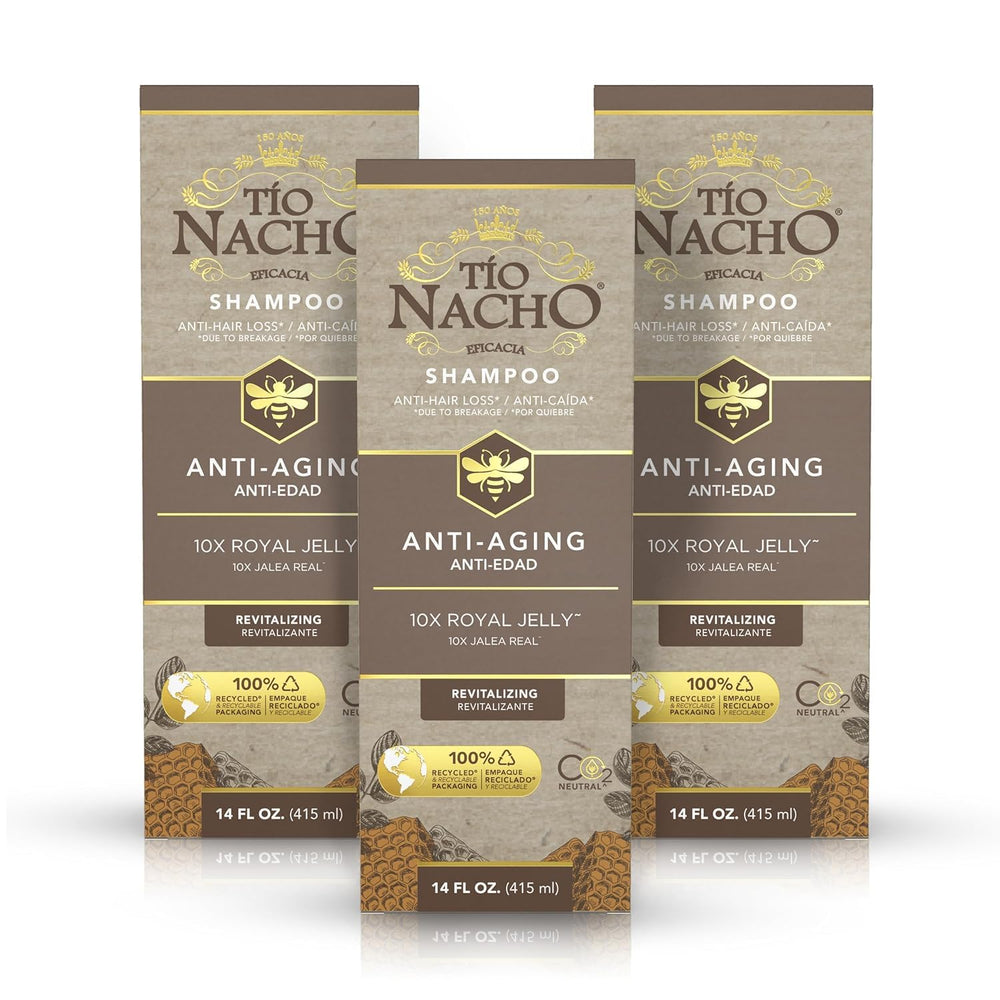 Tio Nacho anti-aging shampoo bottle front shows age-defying formula for fragile hair.