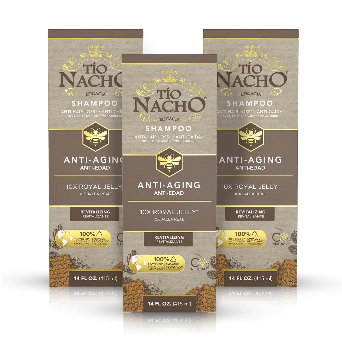 Tio Nacho anti-aging shampoo bottle front shows age-defying formula for fragile hair.