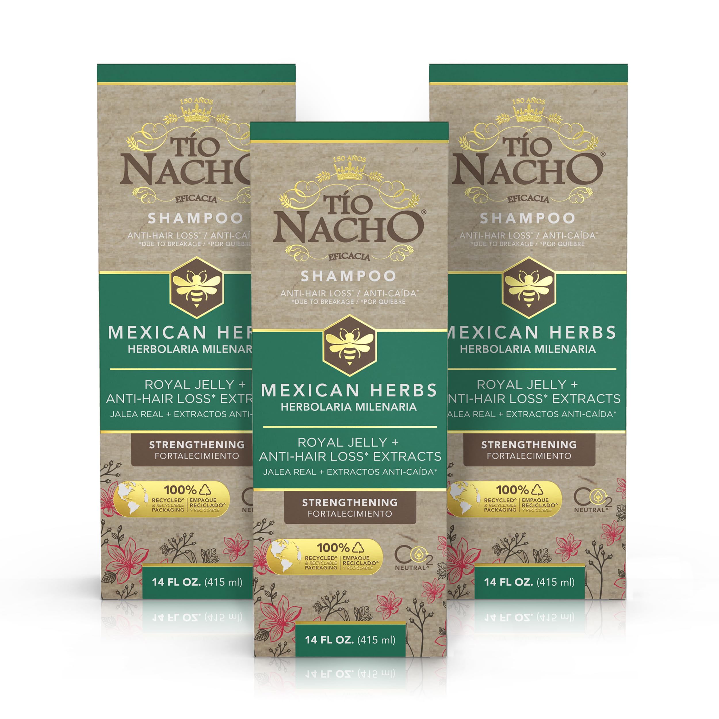 Tío Nacho anti-hair-loss shampoo bottle with rosemary and royal jelly may help reduce hair breakage.