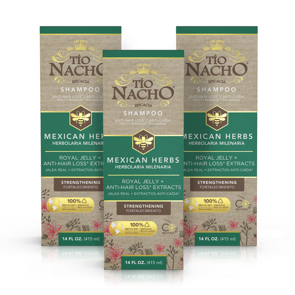 Tío Nacho anti-hair-loss shampoo bottle with rosemary and royal jelly may help reduce hair breakage.