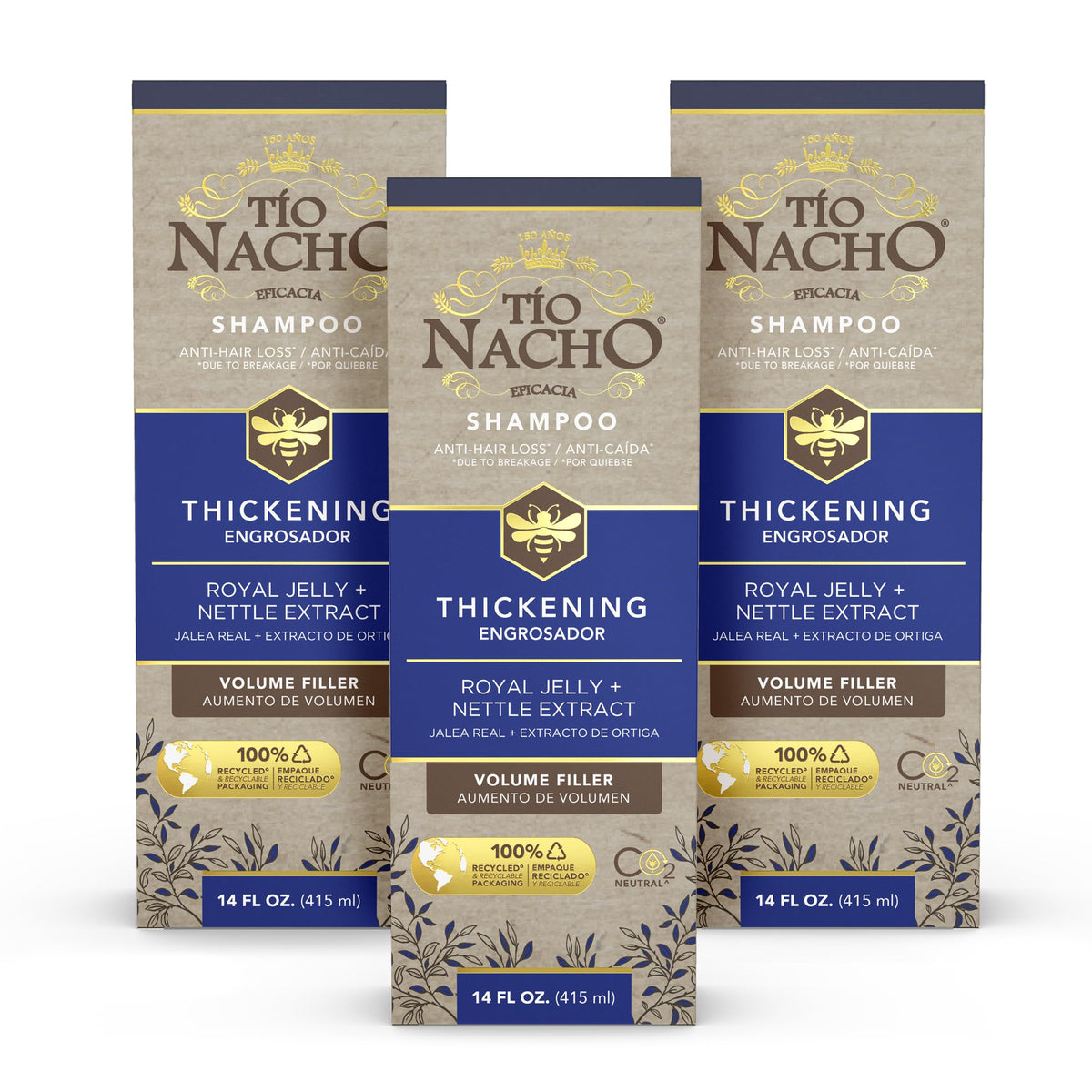 Tio Nacho thickening shampoo bottle demonstrates volume boost for thinning hair.