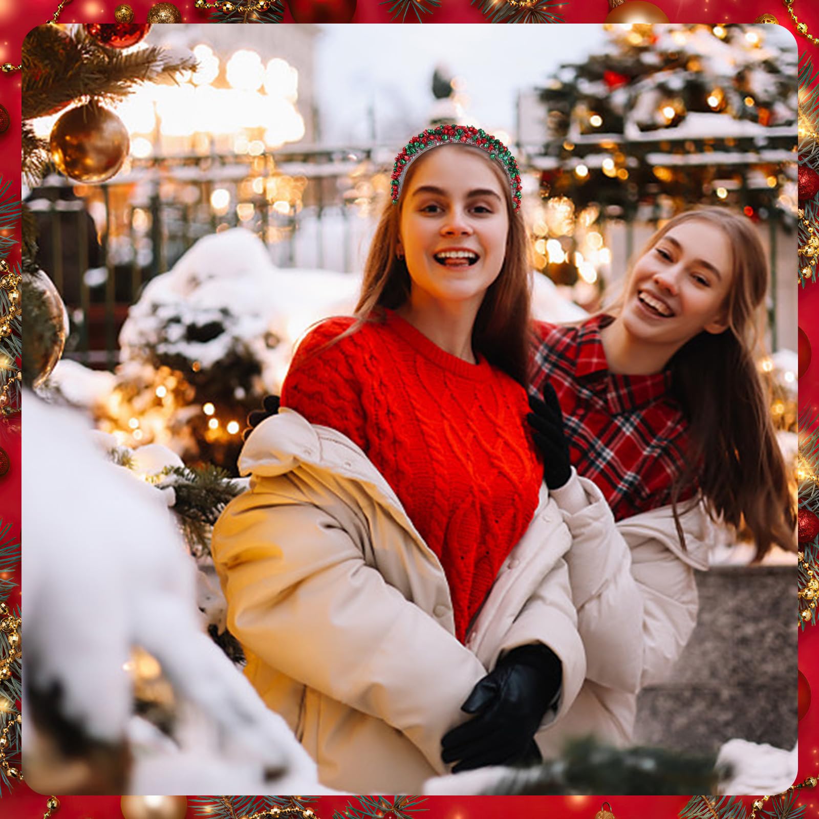 TIOSRU festive headband worn with ugly sweater creates charming party look.