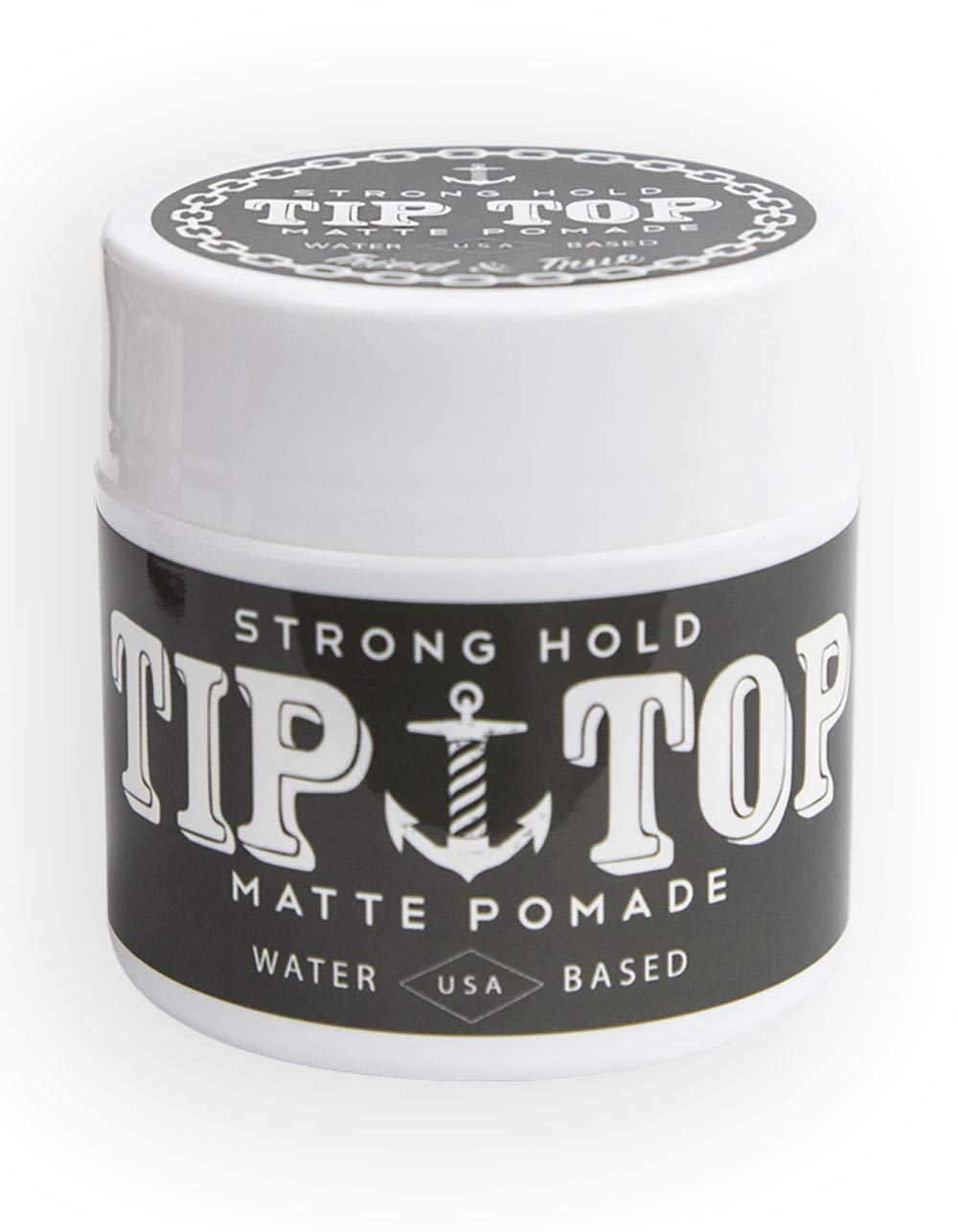 Tip Top Matte Pomade jar showing matte finish for versatile styling and easy washout