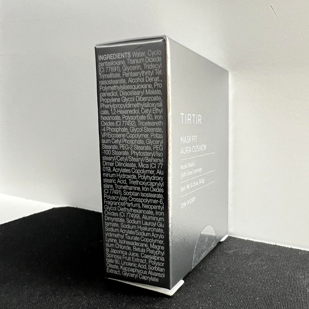 TIRTIR Aura Glow Silver Cushion packaging emphasizes vegan-friendly formula.