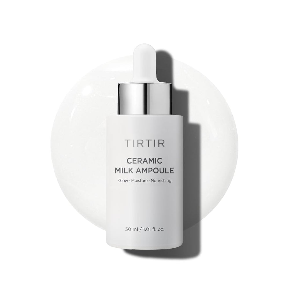 TIRTIR Ceramic Milk Ampoule bottle closeup shows glossy skin glow and hydration potential.