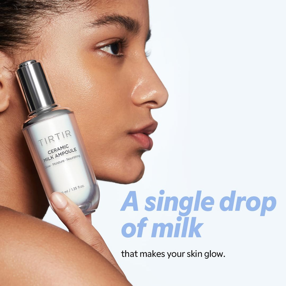 TIRTIR Ceramic Milk Ampoule glow portrait highlights porcelain-like radiance and skin elasticity.