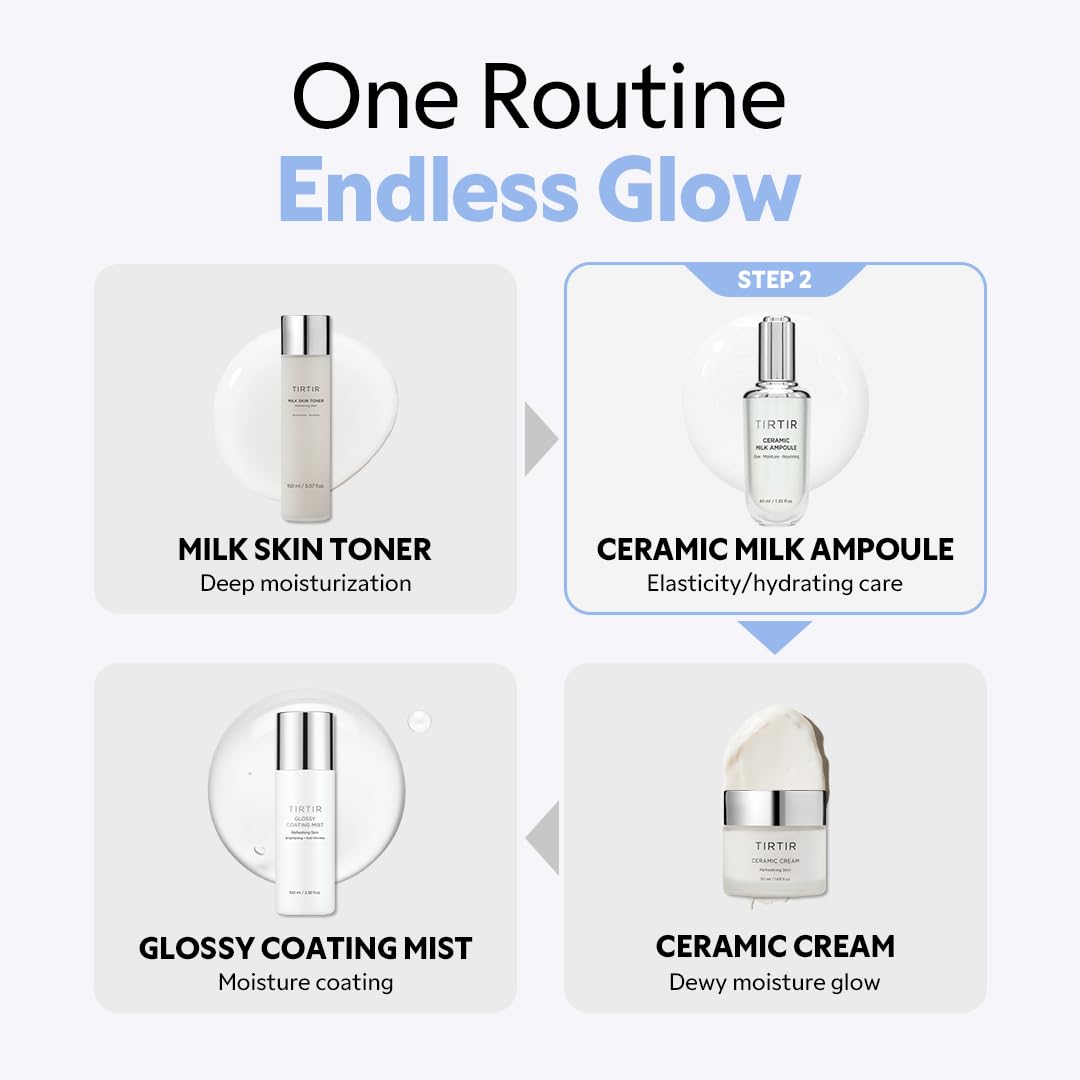TIRTIR Ceramic Milk Ampoule packaging highlights travel-friendly, spill-free design.