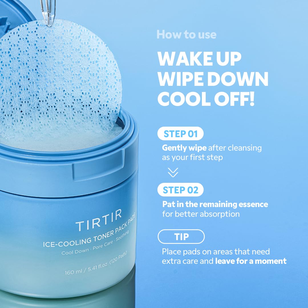 TIRTIR Ice-Cooling Icing Toner Pads plant-based formula supports soothing hydration.