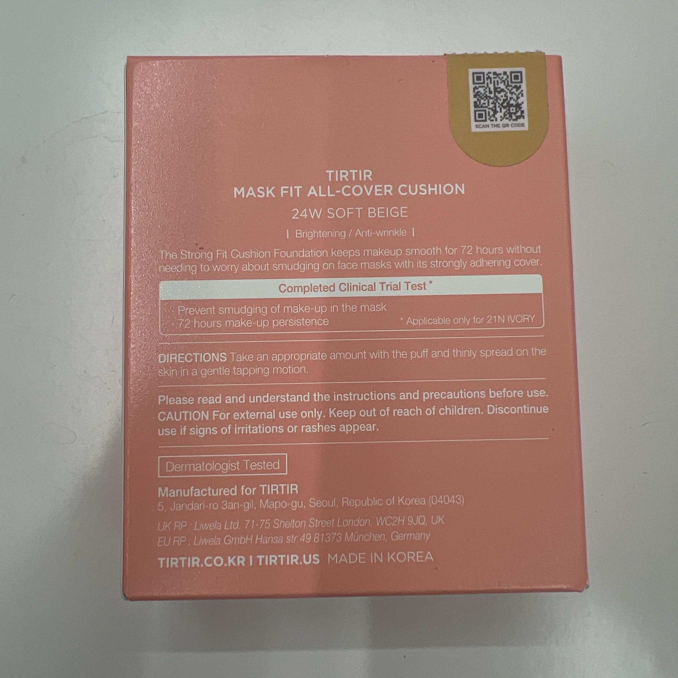 TIRTIR Pink Cushion demonstrates long wear with a 72-hour wear hint.