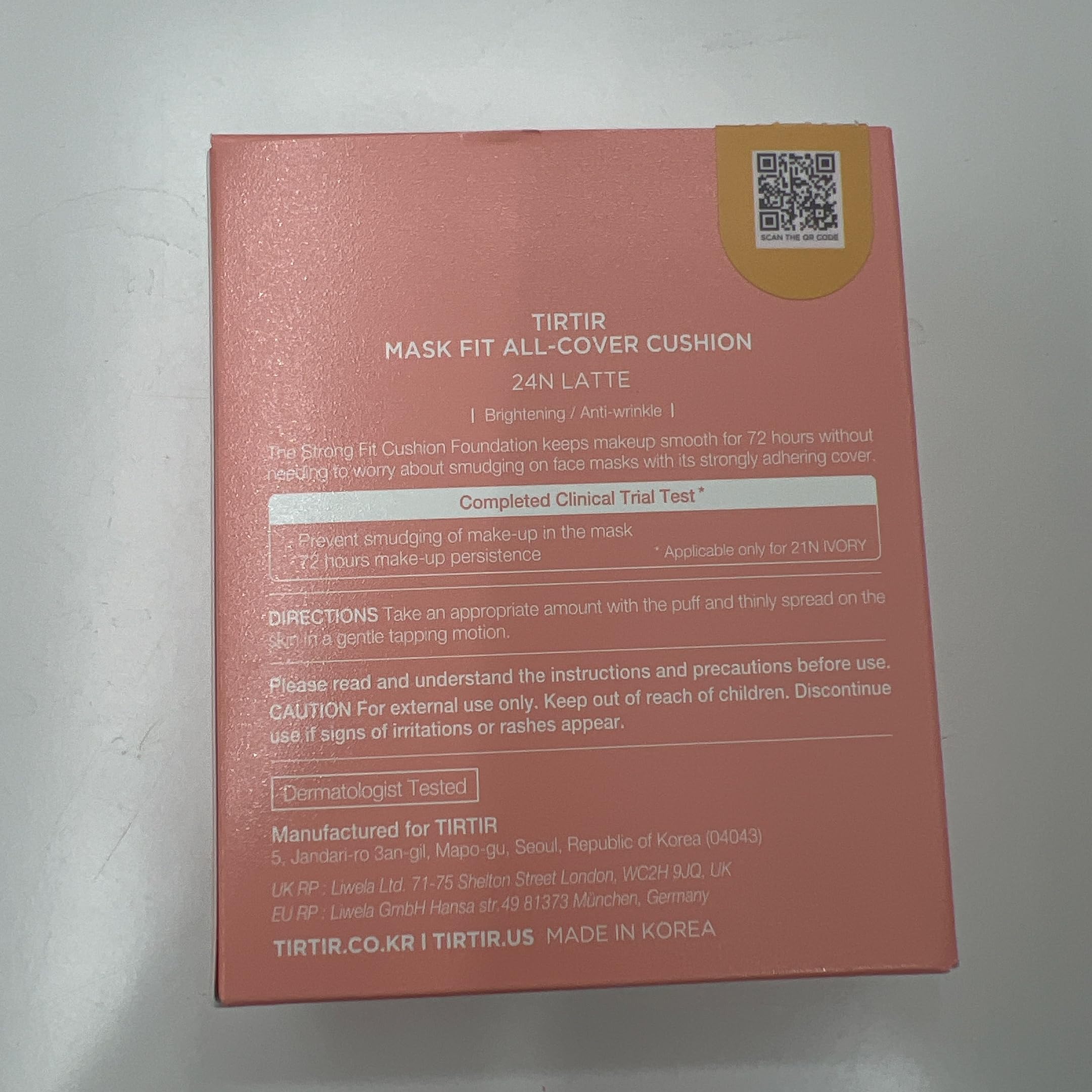 TIRTIR Mask Fit All Cover Pink Cushion swatch demonstrates up to 72-hour wear potential