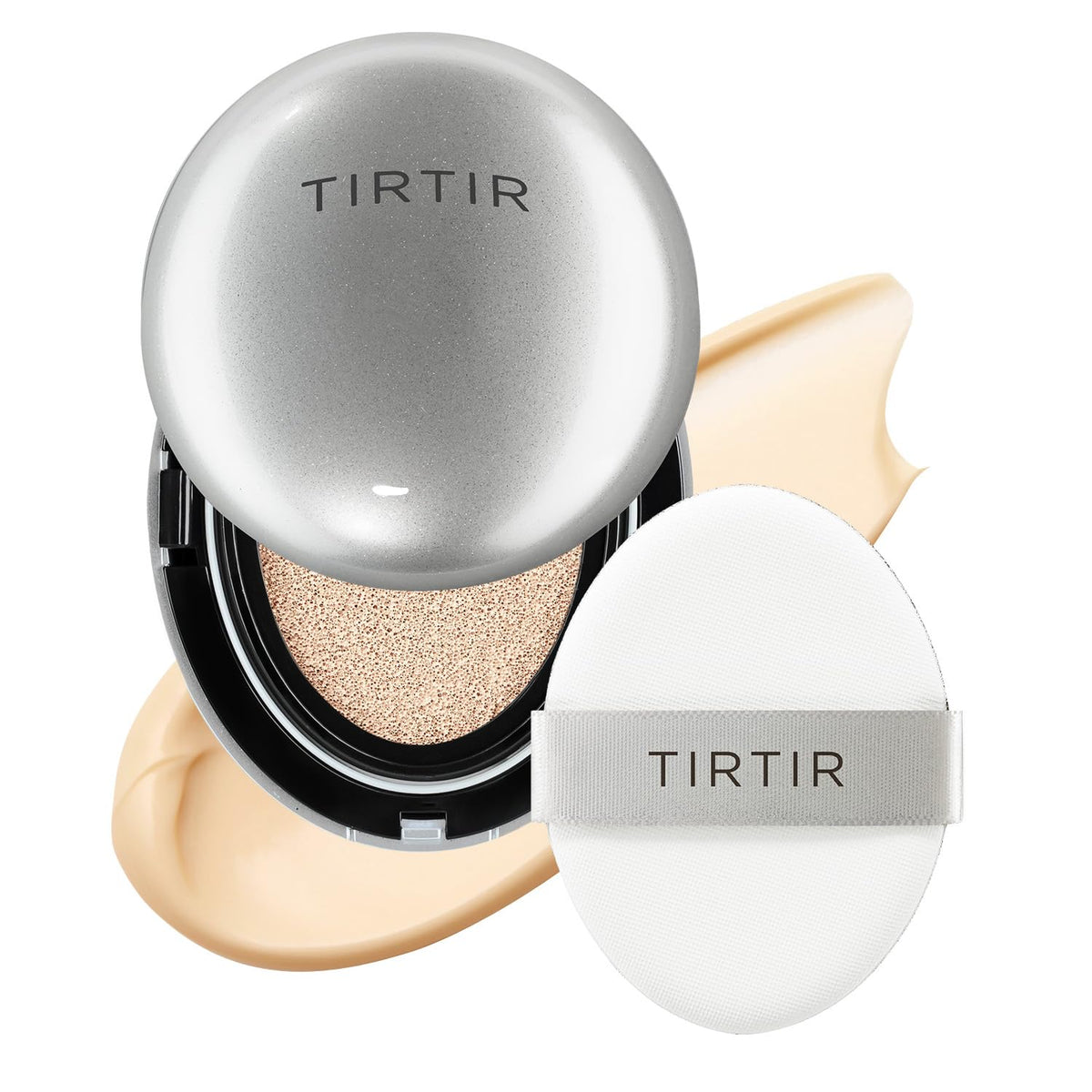 TIRTIR Mask Fit Aura Silver cushion outer pack shows premium compact packaging for on the go coverage
