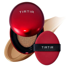 TIRTIR Mask Fit Red Cushion bottle closeup showing smooth coverage for all-day wear