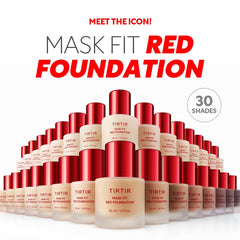 TIRTIR Mask Fit Red Foundation shade swatches showing diverse 30 shade range.