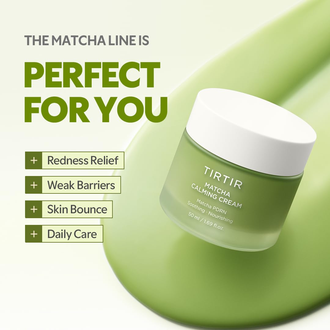 TIRTIR Matcha PDRN cream on model face with soft glow.