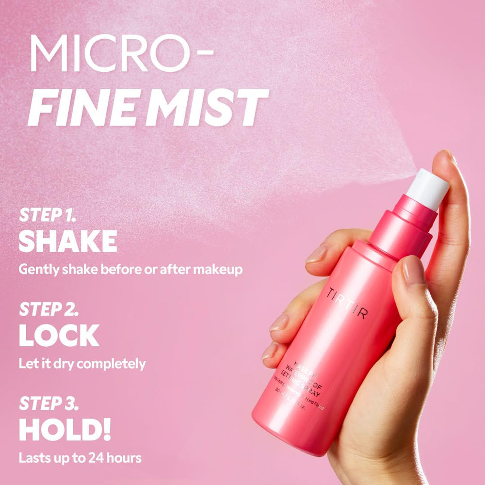 TIRTIR Waterproof Setting Spray ethanol-free label highlights skin-friendly formula for sensitive skin.