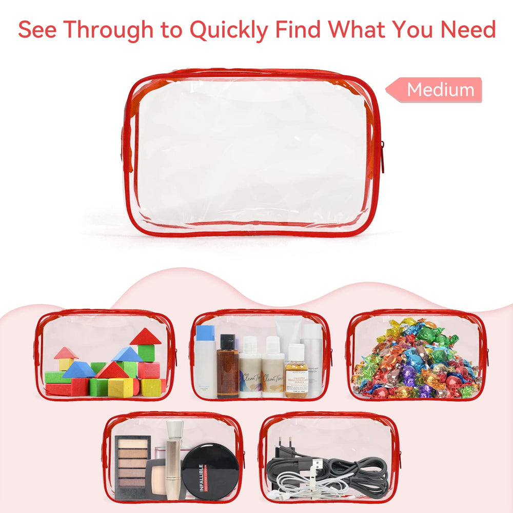 TISRATOK TSA-approved toiletry pouch in red demonstrates easy screening during travel