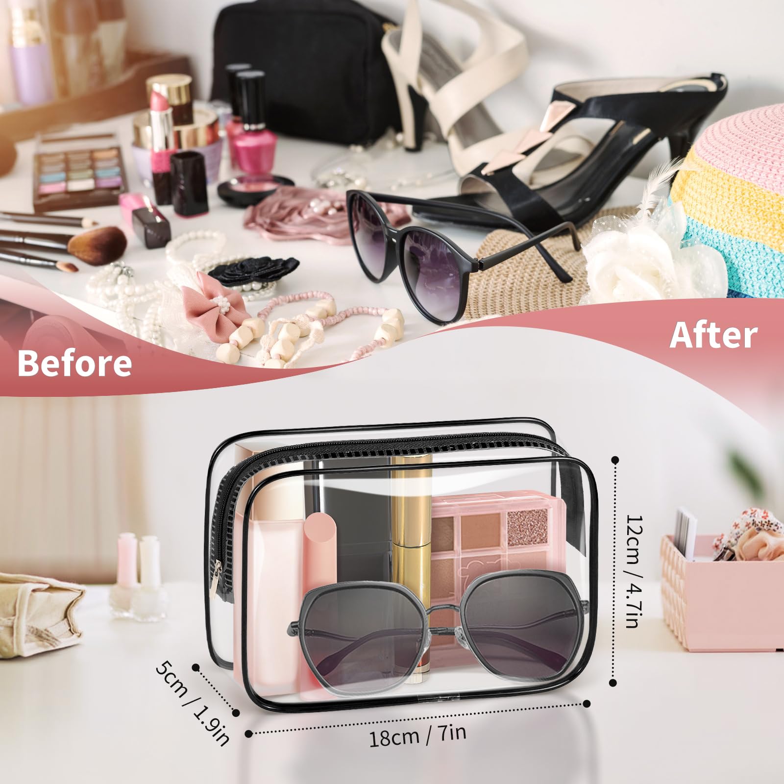 TISRATOK clear makeup bag demonstrates TSA-approved travel readiness.