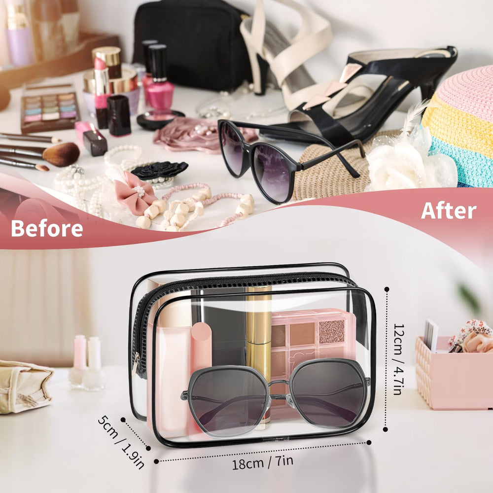 TISRATOK clear makeup bag demonstrates TSA-approved travel readiness.
