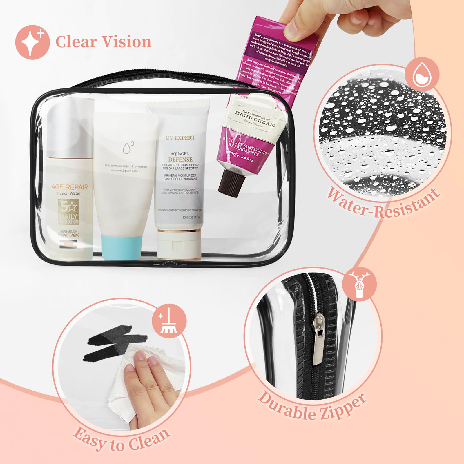 TISRATOK sturdy zipper cosmetic pouch stays sealed during transit.
