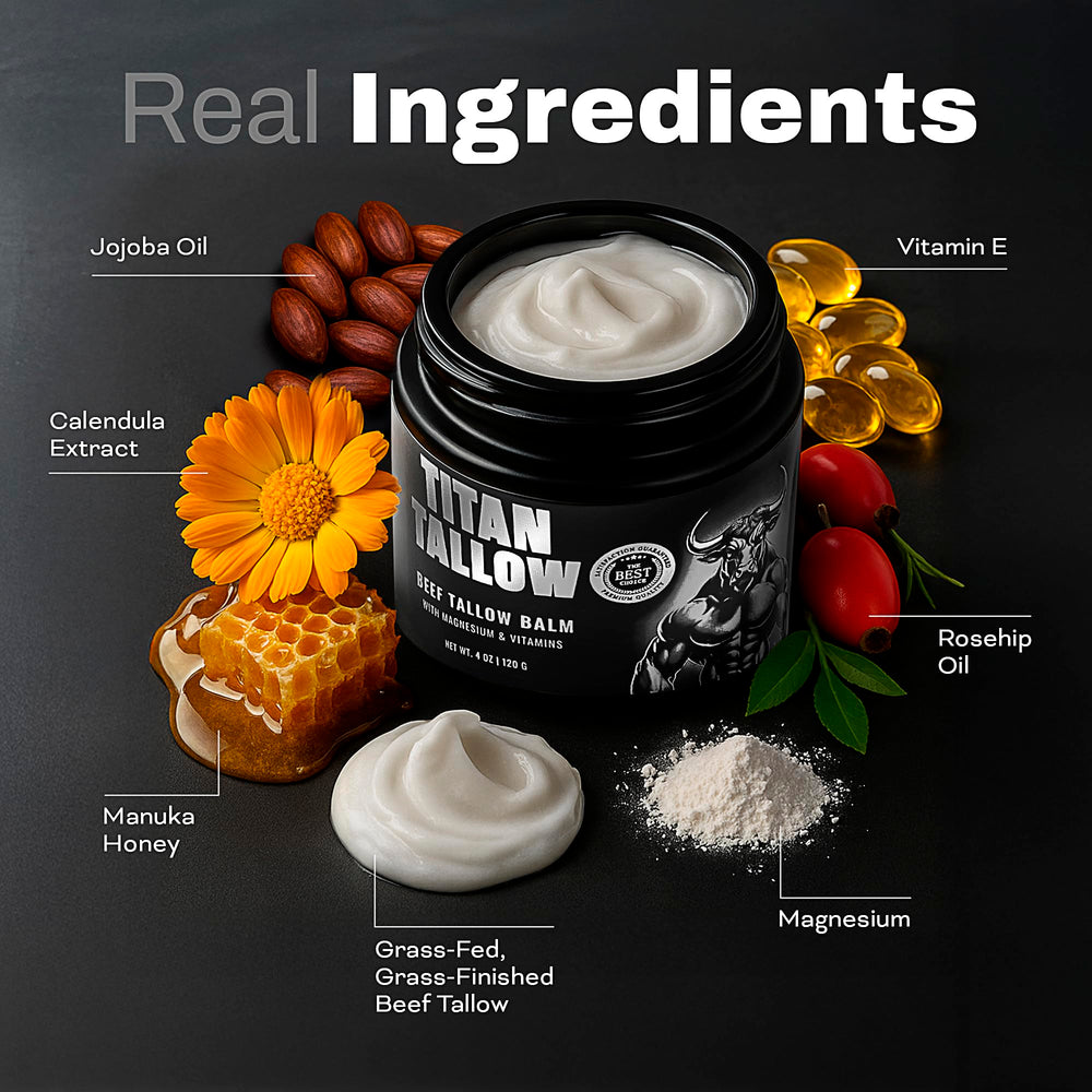 Titan Tallow magnesium drops illustrate calming application for muscle relief.