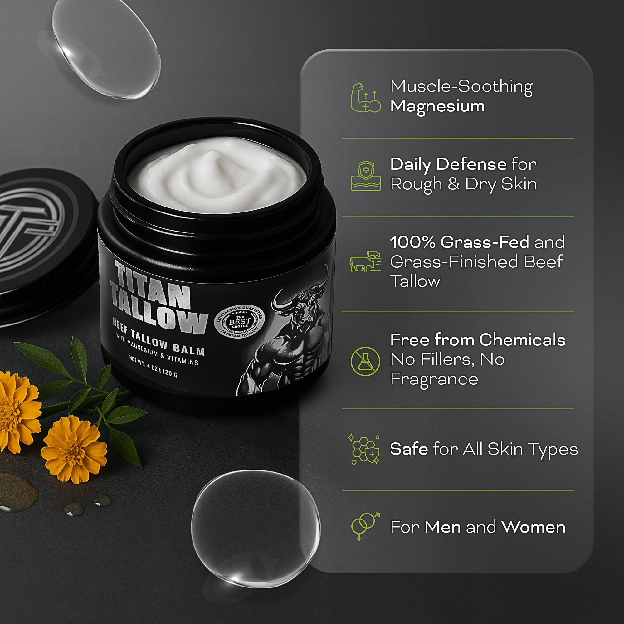 Titan Tallow non-greasy finish demonstrates fast absorbing formula for daytime use.