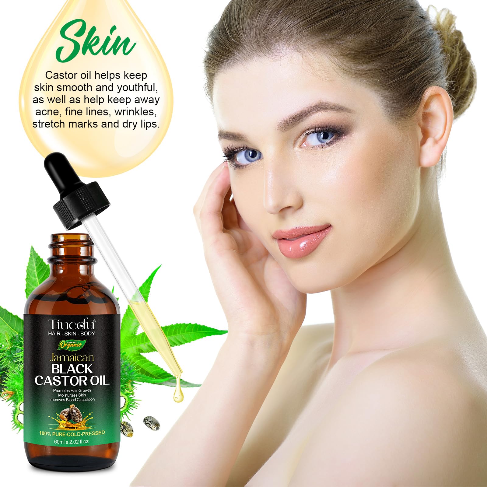 Tiuedu Jamaican Black Castor Oil face and body application for moisturized skin.